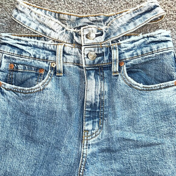 DAZE TOUGH LOVE DOUBLE CUT PEEK-A-POO WAISTBAND BLUE DENIM JEANS - SIZE 25 - Picture 1 of 14
